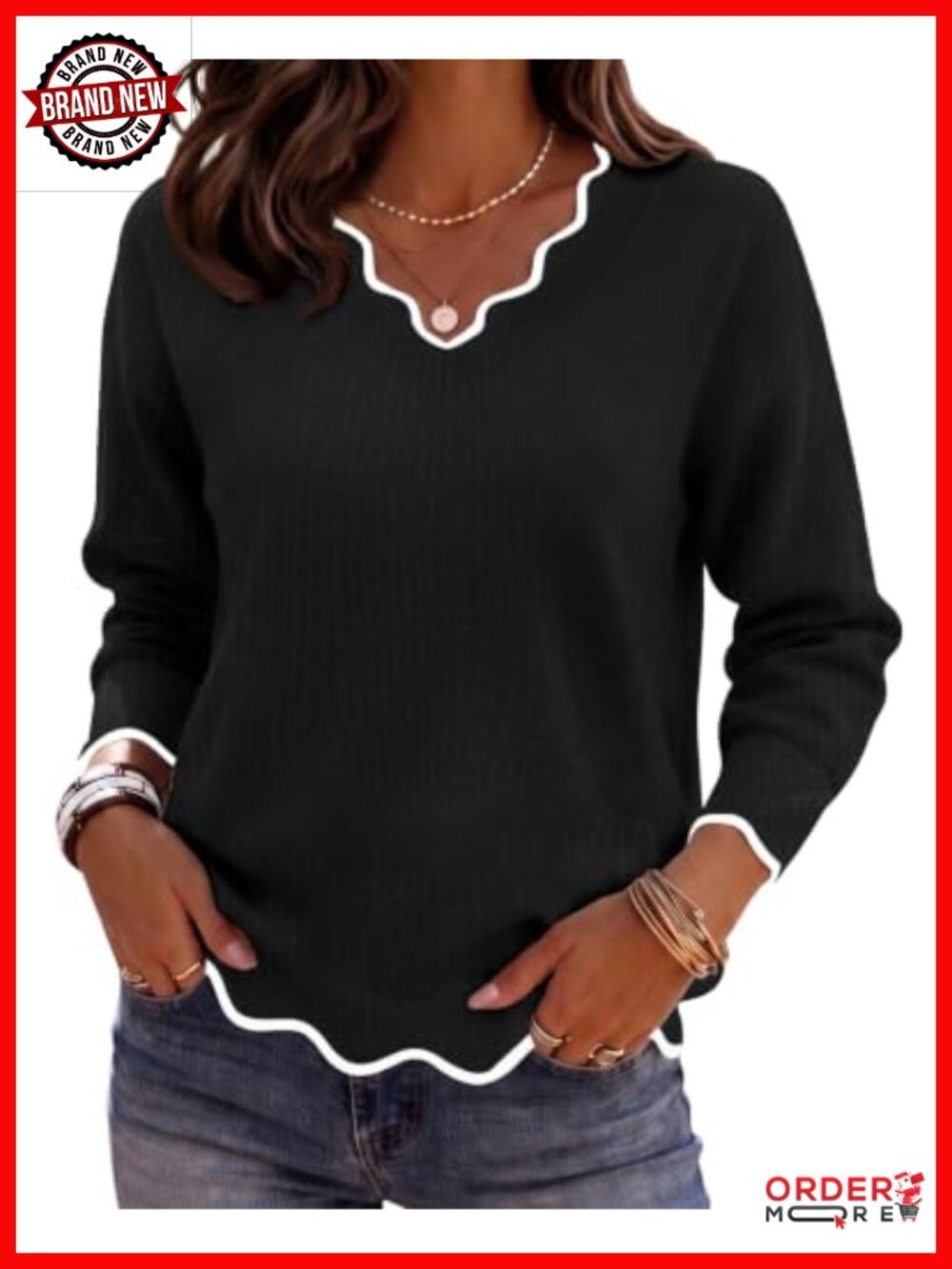 Women's V Neck Long Sleeve Lightweight Knit Sweater Loose Fit Fall Pullover